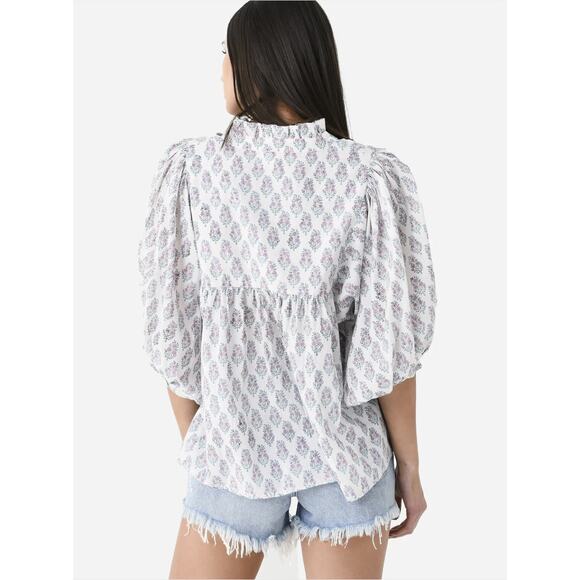 Sur La Vague Women's Puff Sleeve Flowy Ruffle Neck Floral Blouse Blue Pink - Picture 2 of 6